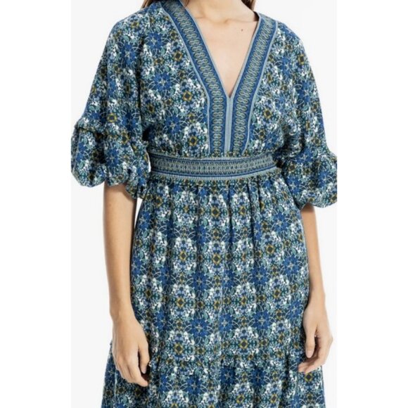 💕MAX STUDIO Elbow Sleeve Ruffle Midi Dress Spruce Fold Flower Grid Panel L NWT - Picture 4 of 14